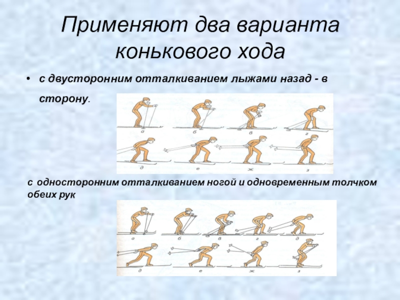 Применять несколько. Коньковый ход на лыжах. Лыжная подготовка коньковый ход. Коньковый лыжный ход без отталкивания руками. Техника конькового хода на лыжах.