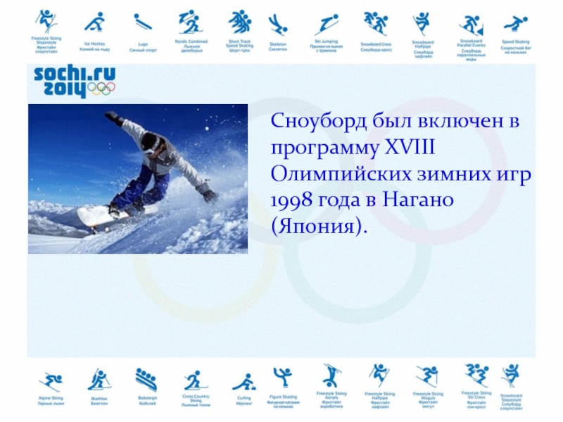 Сноуборд был включен в программу XVIII Олимпийских зимних игр 1998 года в Нагано (Япония).