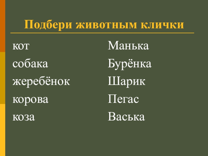 Клички животных. Подобрать клички животным. Подберите животным клички. Заглавная буква в написании кличек животных.