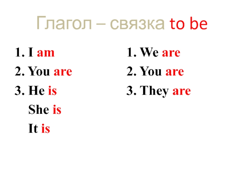 Глагол – связка to be1. I am2. You are3. He is  She is  It is1.