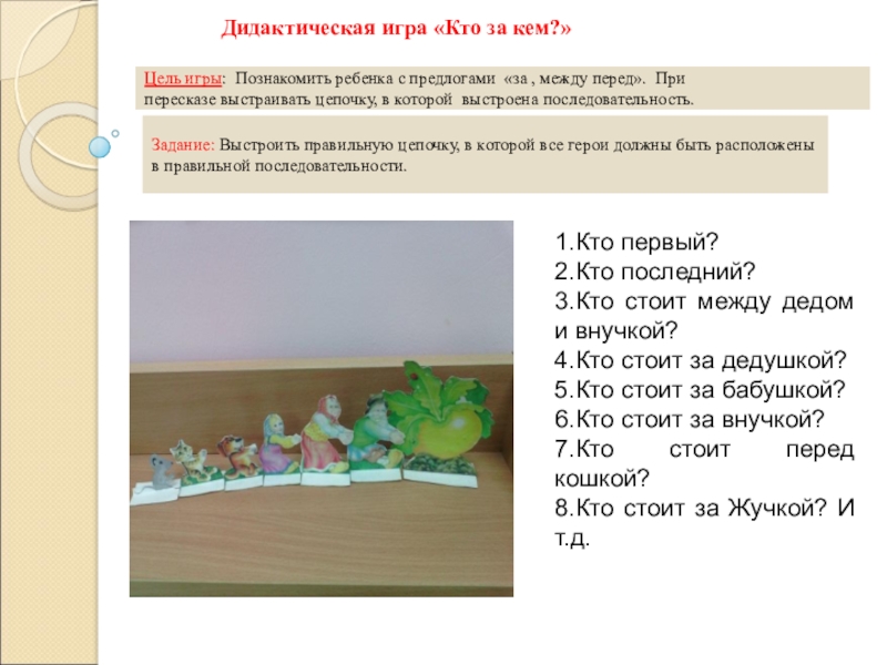 Задание: Выстроить правильную цепочку, в которой все герои должны быть расположены в правильной последовательности. Цель игры: Познакомить