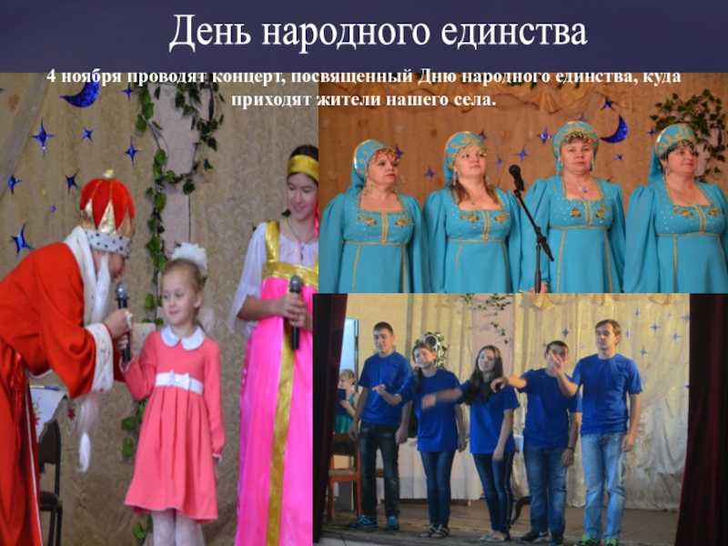 День народного единства 4 ноября проводят концерт, посвященный Дню народного единства, куда приходят жители нашего села.