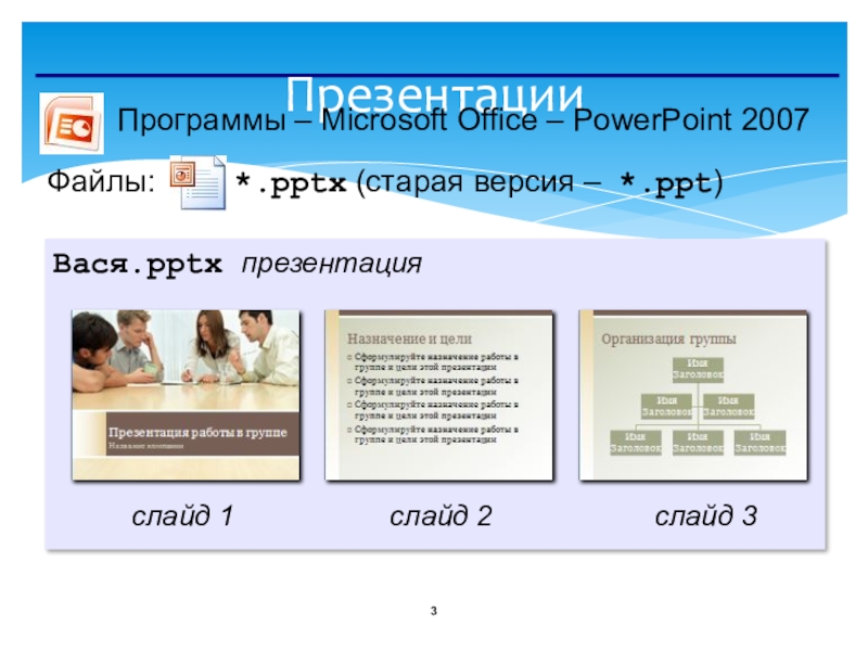 ПрезентацииПрограммы – Microsoft Office – PowerPoint 2007Файлы:     *.pptx (старая версия – *.ppt)Вася.pptx презентацияслайд