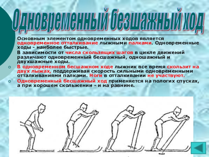 Лыжные ходы. Попеременный бесшажный ход на лыжах. Одновременный бесшажный ход на лыжах. Одновременный бесшажный ход упражнения. Основные лыжные ходы.