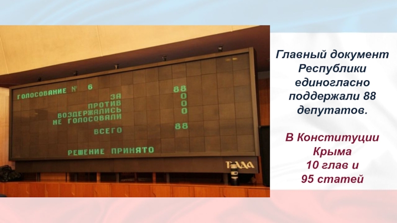 Главный документ Республики  единогласно поддержали 88 депутатов.В Конституции Крыма  10 глав и 95 статей