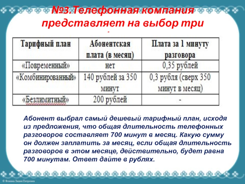 Абонент выбрал наиболее дешевый тарифный план исходя из предположения что общая длительность 800