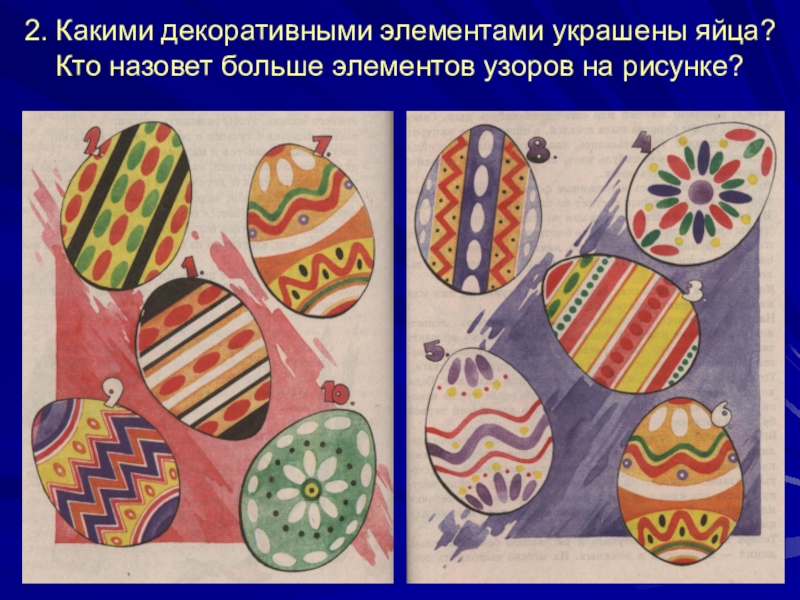 2. Какими декоративными элементами украшены яйца? Кто назовет больше элементов узоров на рисунке?