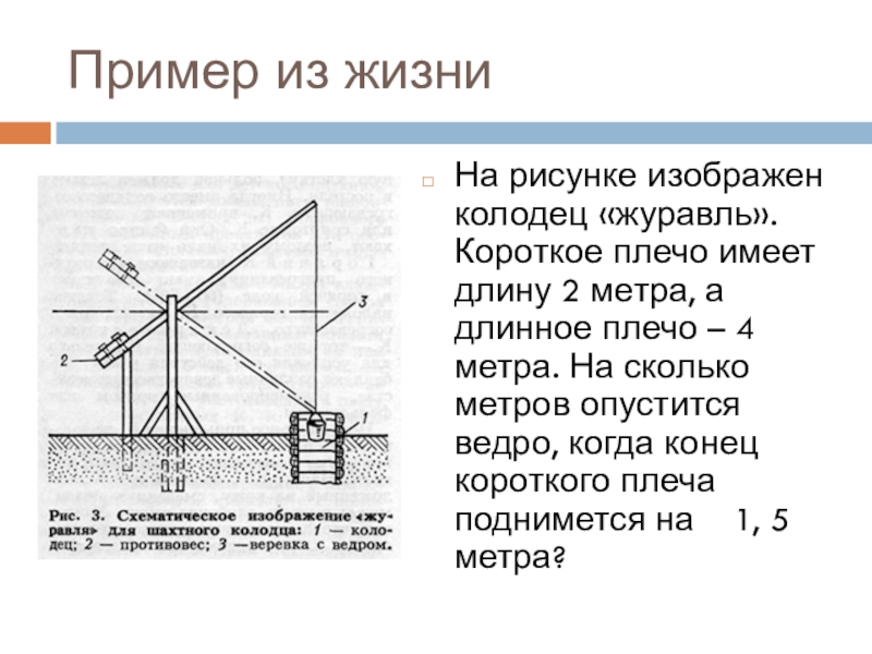 На рисунке изображен колодец журавль короткое плечо имеет длину 120 см а длинное 300