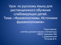 Презентация по русскому языку для дистанционного обучения слабовидящих детей. Тема: Фразеологизмы. Источники фразеологизмов