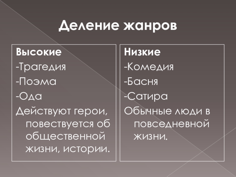 Деление жизни. Классицизм деление на Жанры. Высокие и низкие Жанры. Жанровое деление классицизма. Деление на Жанры в литературе.