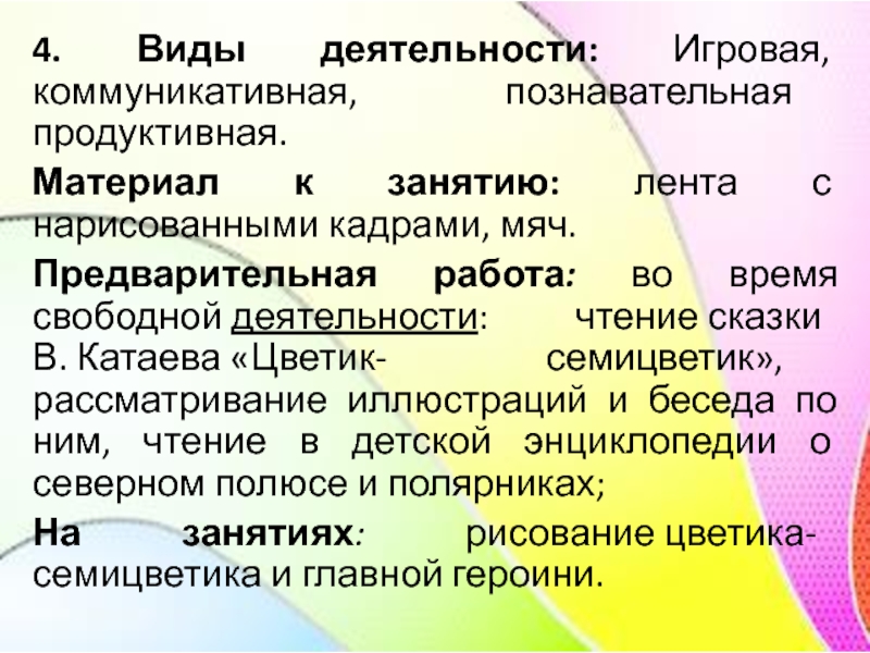 4. Виды деятельности: Игровая, коммуникативная, познавательная продуктивная.Материал к занятию: лента с нарисованными кадрами, мяч.Предварительная работа: во время