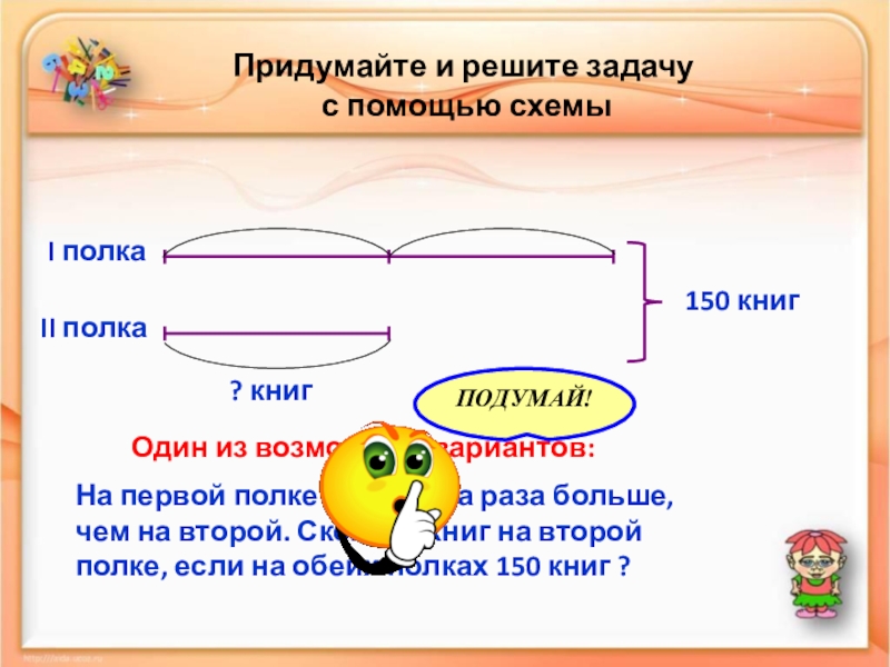 Реши задачу на полке. Решение задач с помощью схем. Придумай и реши задачу. Придумать и решить задачу. Схема задачи на одной полке а книг.