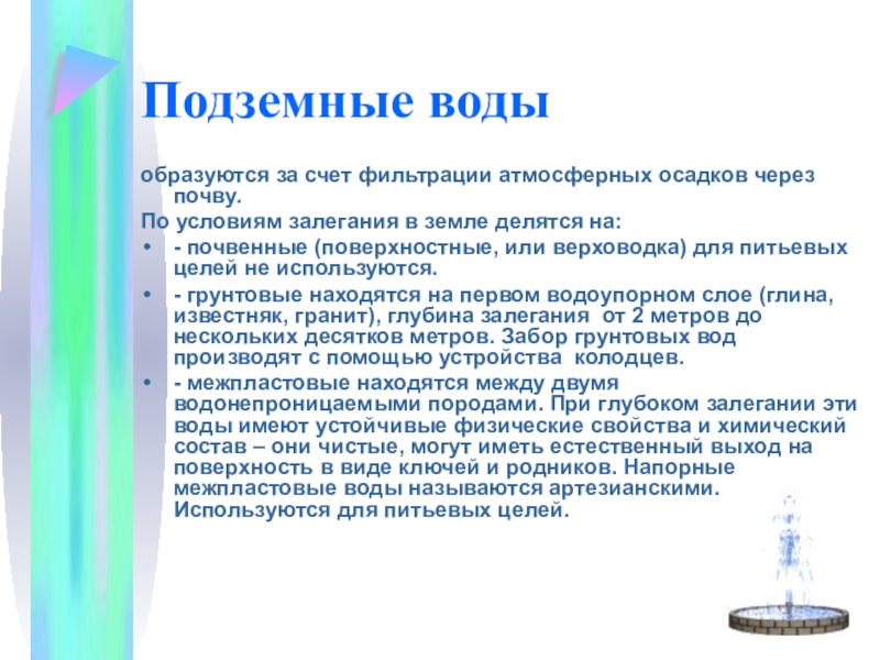 Источники питьевого водоснабжения. Характеристика подземных вод. Подземные воды таблица характеристика. Подземные воды делятся на. Подземные воды образуются.