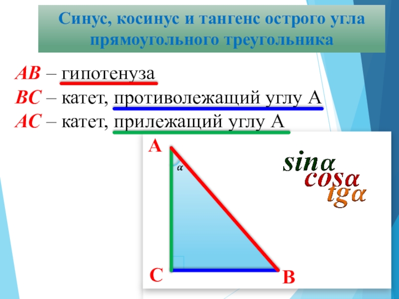 Косинус угла отношение прилежащего катета к гипотенузе