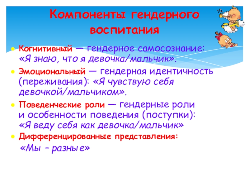 Формирование гендерной роли. Компоненты гендерной идентичности. Гендерная идентификация. Формирование гендерной идентичности. Гендерная самоидентификация.