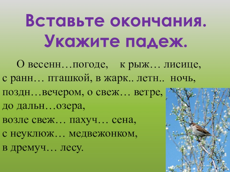 Вставить окончания определить падеж. Вставьте окончание.укажите падеж. Вставь окончание и укажи падеж. Обобщение имя прилагательное о весне 4 класс. Погода прилагательные.