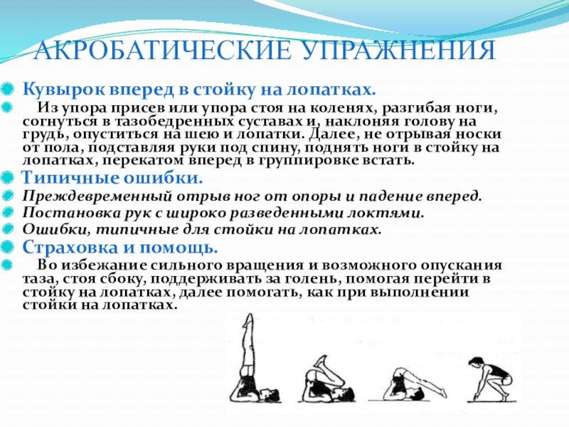 Элементы упражнения. Кувырок назад в стойку на лопатках техника выполнения. Кувырок вперед в стойку на лопатках. Акробатические упражнения кувырки. Акробатические упражнения стойка на лопатках.