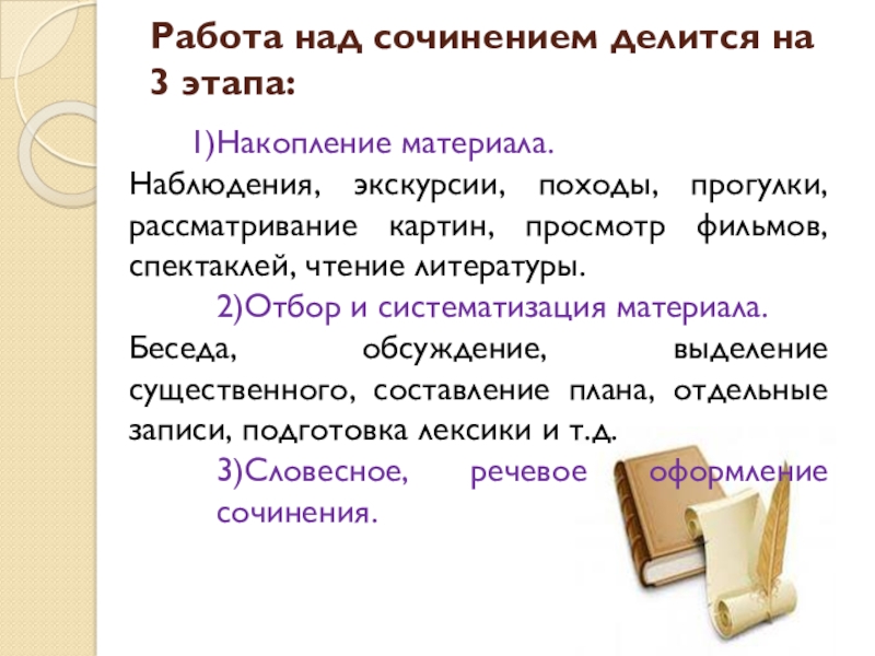 Работа над сочинением делится на 3 этапа:  Накопление материала.Наблюдения, экскурсии, походы, прогулки, рассматривание картин, просмотр фильмов,