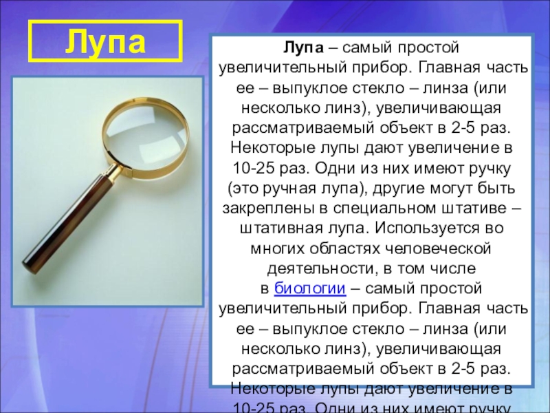 Какое увеличение дает данная лупа. Описание лупы. Ручная лупа и ее части. Строение ручной лупы. Увеличение лупы.