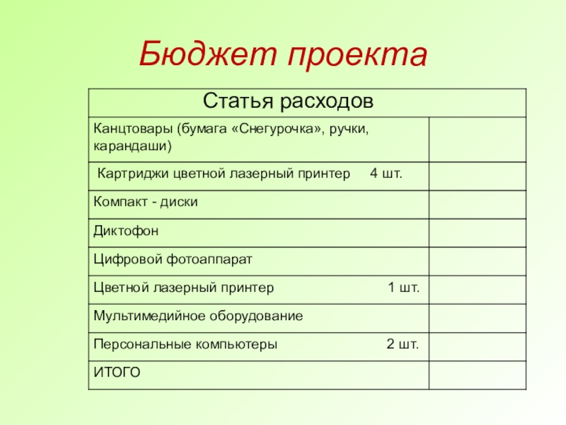 Бюджет для проекта