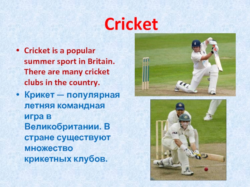 CricketCricket is a popular summer sport in Britain. There are many cricket clubs in the