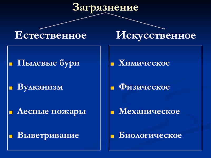 Механические биологические химические физические загрязнения. Естественное загрязнение.