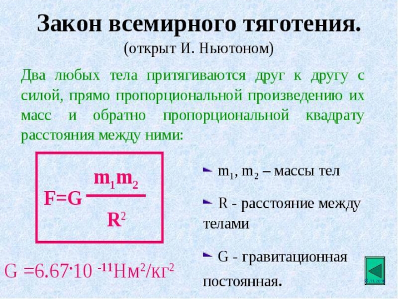 Закон всемирного тяготения 9 класс презентация