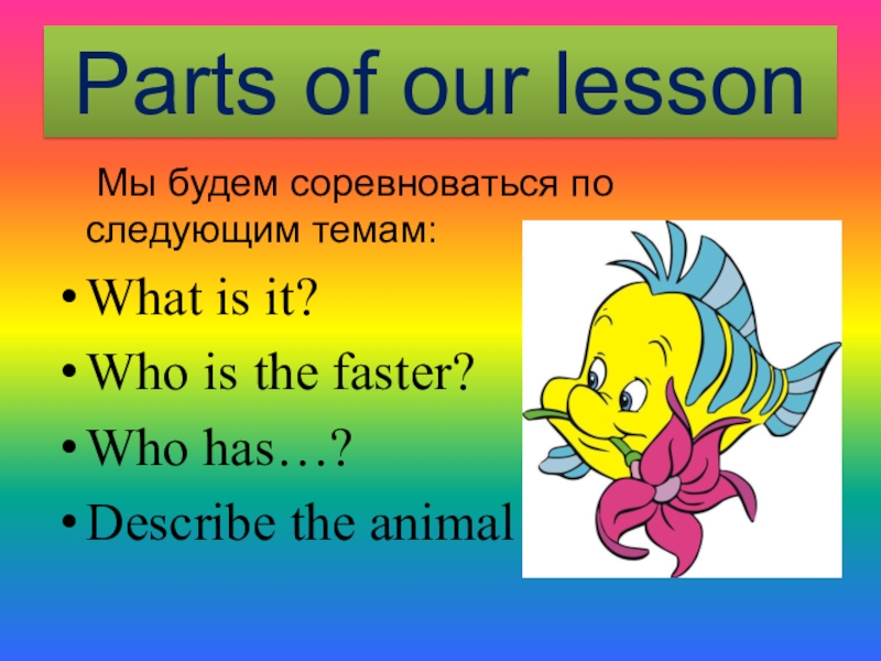 Parts of our lesson	Мы будем соревноваться по следующим темам:What is it?Who is the faster?Who has…?Describe the animal