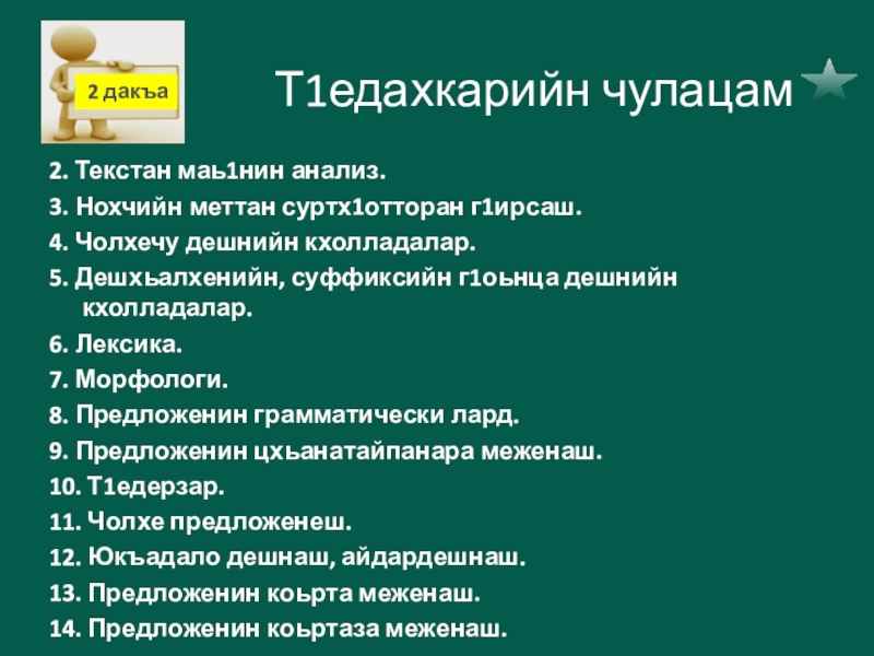 Т1едахкарийн чулацам 2. Текстан маь1нин анализ.3. Нохчийн меттан суртх1отторан г1ирсаш.4. Чолхечу дешнийн кхолладалар.5. Дешхьалхенийн, суффиксийн г1оьнца дешнийн