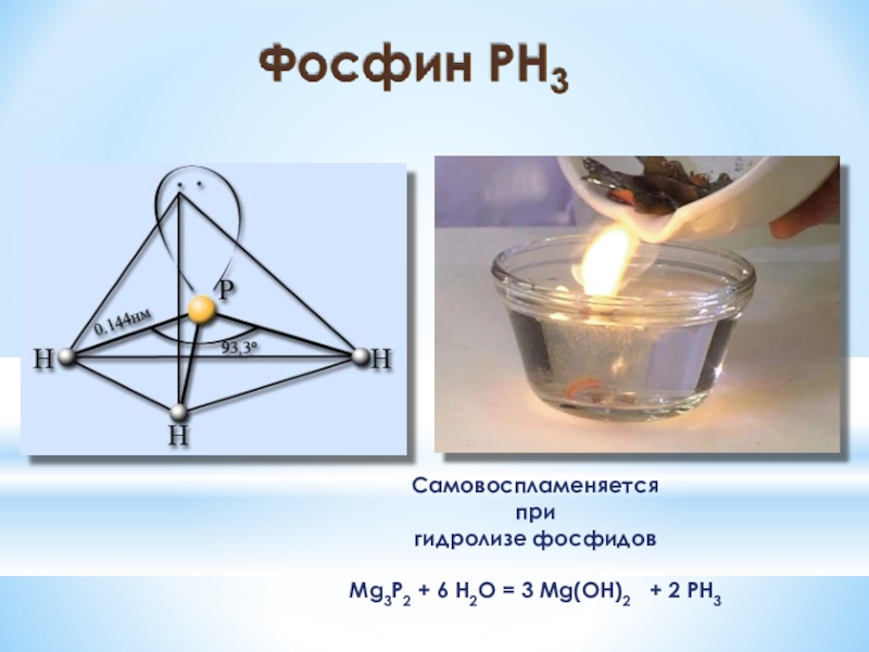 Самовоспламеняется при гидролизе фосфидовMg3P2 + 6 H2O = 3 Mg(OH)2  + 2 PH3