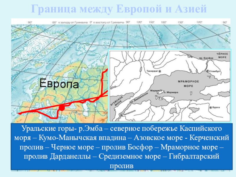Граница между Европой и АзиейЕвропаАзияНазовите географические объекты по которым проходит граница между Европой и АзиейУральские горы- р.Эмба