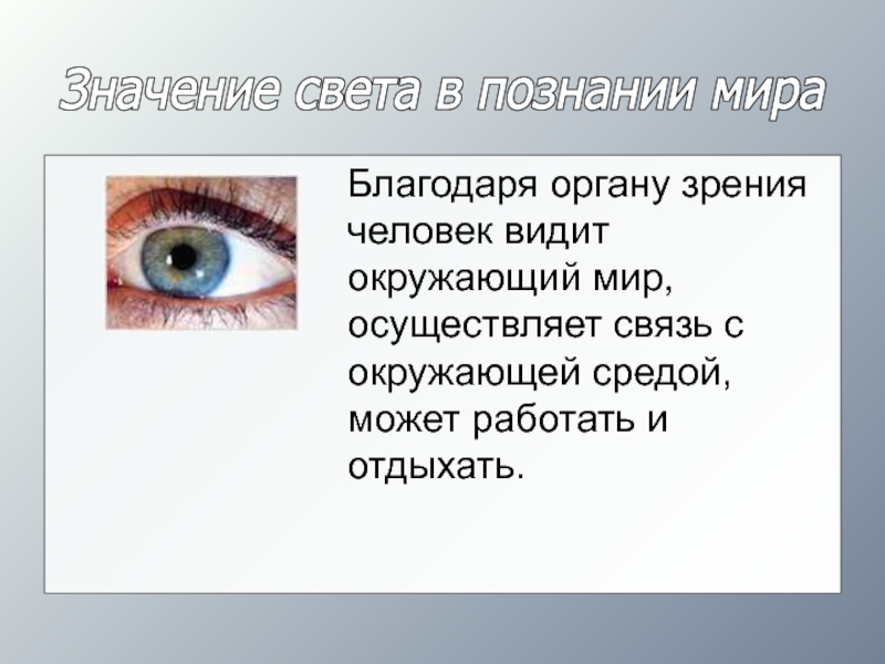 Смысл света. Значение органа зрения в познании мира. Человек видит окружающий мир. Свет значение. Свет знания и зрение.