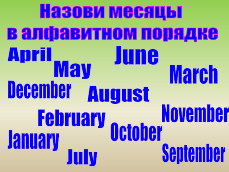 Назови месяцы в алфавитном порядкеApril August DecemberFebruaryJanuaryJulyJuneMarchMay November OctoberSeptember