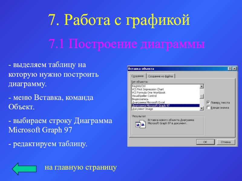 7. Работа с графикой 7.1 Построение диаграммы- выделяем таблицу на которую нужно построить диаграмму. - меню Вставка,