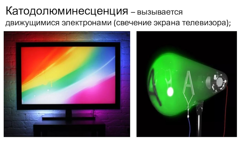 Катодолюминесценция – вызывается движущимися электронами (свечение экрана телевизора);