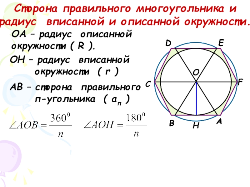 Формула окружности правильного n угольника. Вписанные и описанные окружности правильного многоугольника. Радиусы вписанной и описанной окружности правильного многоугольника. Связь радиуса вписанной и описанной окружности. Радиус описанной окружности правильного многоугольника.