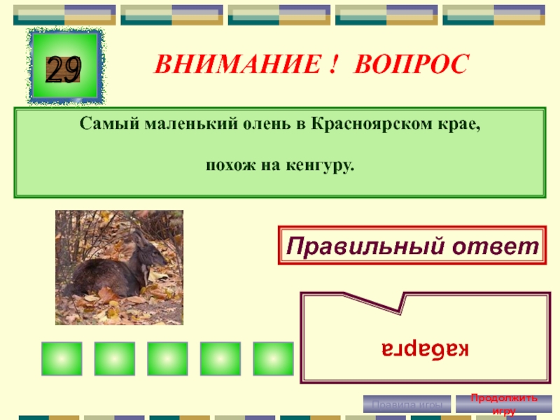 ВНИМАНИЕ ! ВОПРОССамый маленький олень в Красноярском крае, похож на кенгуру.29 Правильный ответкабаргаПравила игрыПродолжить игру