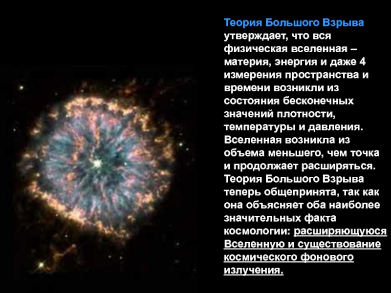 Теория Большого Взрыва утверждает, что вся физическая вселенная – материя, энергия и даже 4 измерения пространства и