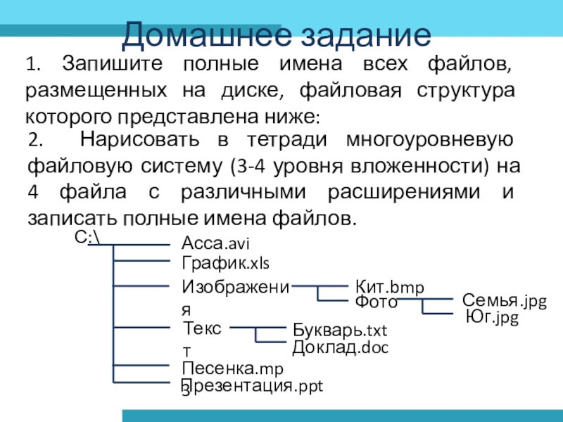 Записать подробно. Ниже представлена файловая структура диска е. Полные имена всех файлов. Запишите имена всех файлов. Запишите полные имена всех файлов.