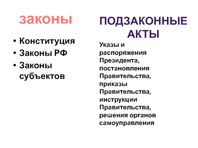 КонституцияЗаконы РФЗаконы субъектовзаконыПодзаконные актыУказы и распоряжения Президента, постановления Правительства, приказы Правительства, инструкции Правительства, решения органов самоуправления