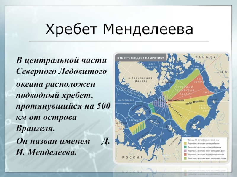 Хребет Менделеева  В центральной части Северного Ледовитого   океана расположен подводный хребет, протянувшийся на 500