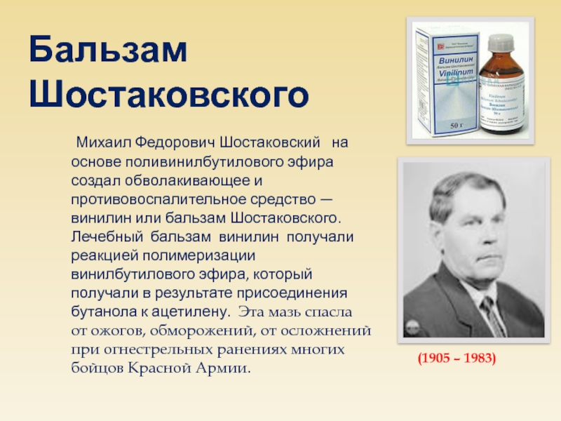 Вклад химии. Шостаковский Михаил Федорович бальзам. Бальзам Шостаковского. Мазь Шостаковского.