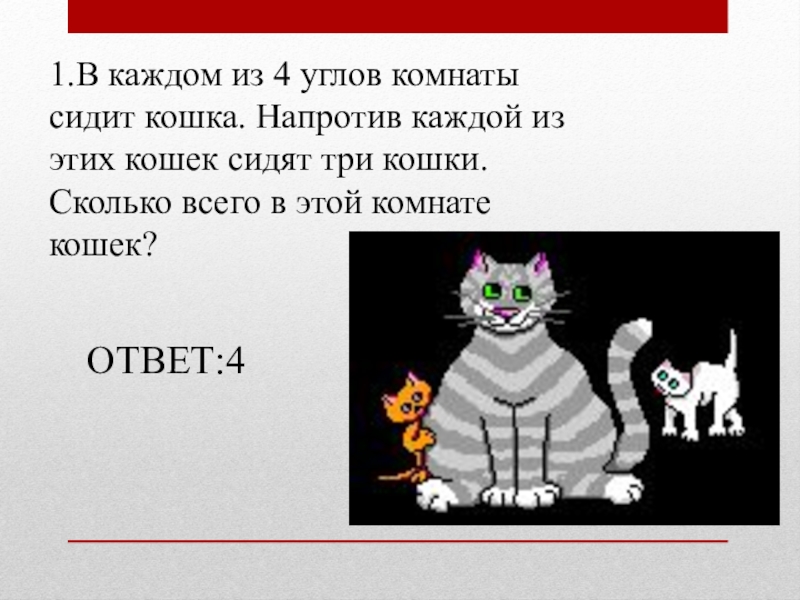 Каждые четыре. Загадка про кошек в темной комнате. 4 Кошки в комнате. Сколько всего кошек в комнате. Загадка про кошек в углах комнаты.