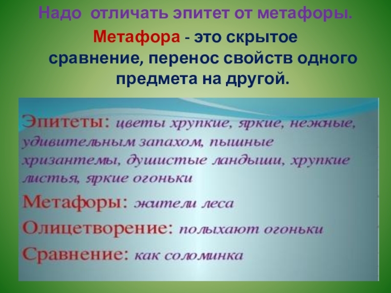 Бородино эпитеты сравнения. Эпитет это скрытое сравнение. Как отличить метафору от эпитета. Эпитет как различать. Перенос свойств одних предметов.