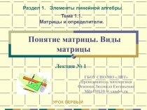 Презентация по дисциплине Элементы высшей математики на тему: Понятие матрицы. Виды матрицы - урок 1-ый. Рекомендовано для выпускников среднего профессионального образования.