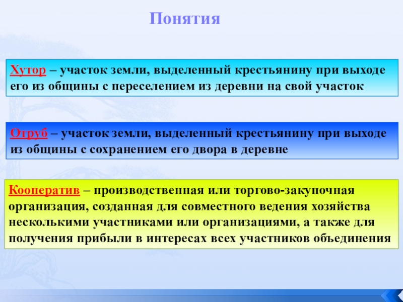 Хутор – участок земли, выделенный крестьянину при выходе его из общины с переселением из деревни на свой