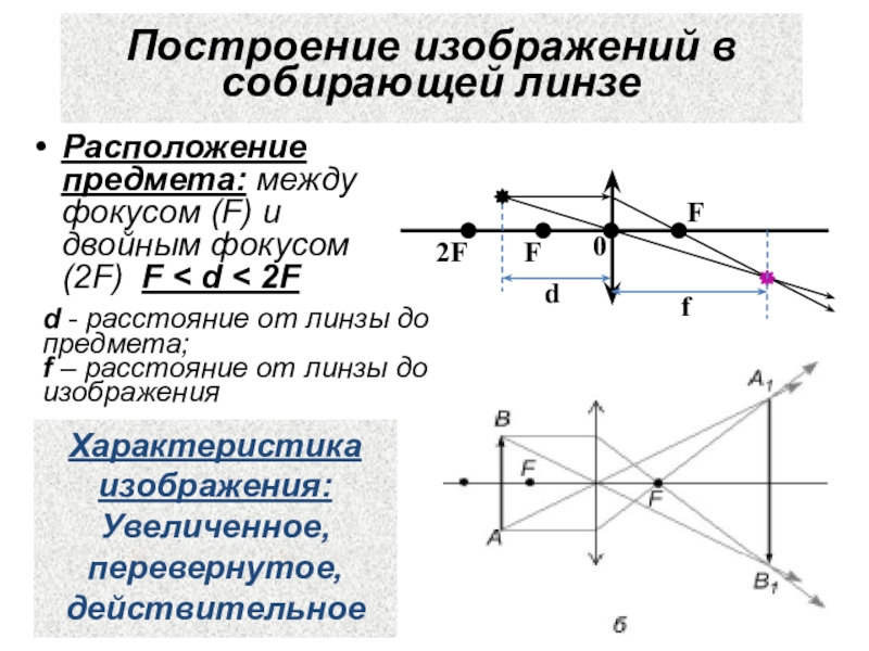 Постройте изображение предмета в собирающей линзе если предмет находится между f и 2f