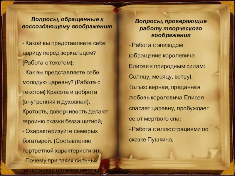 Вопросы, обращенные к воссоздающему воображению- Какой вы представляете себе царицу перед зеркальцем? (Работа с текстом);- Как вы