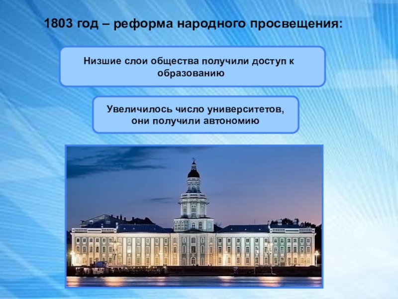 Получено обществом. Реформа народного Просвещения 1803. Реформа народного Просвещения год. Реформа народного Просвещения Александра 1. Реформа народного Просвещения 1803 таблица.