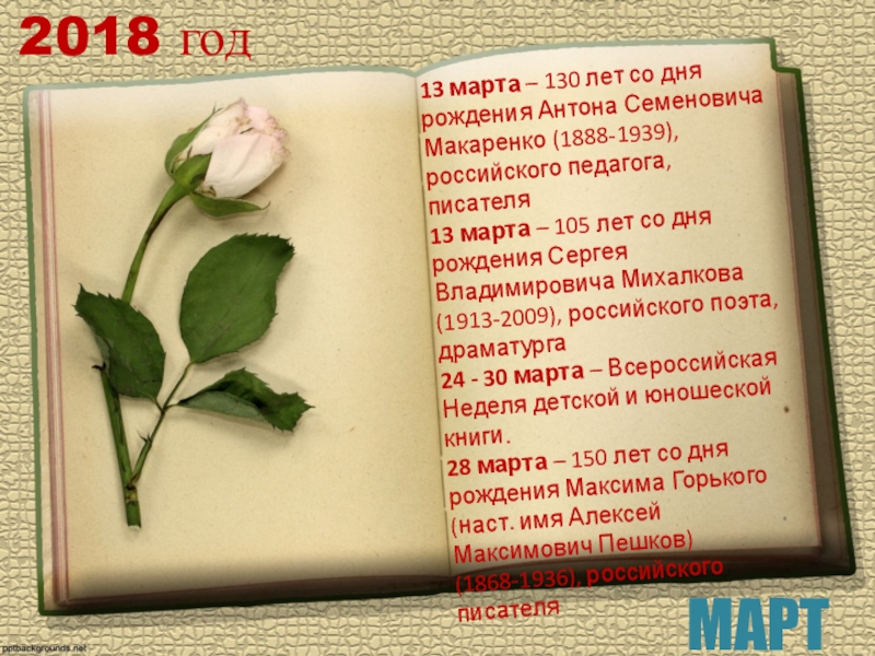 2018 годМАРТ13 марта – 130 лет со дня рождения Антона Семеновича Макаренко (1888-1939), российского педагога, писателя 13